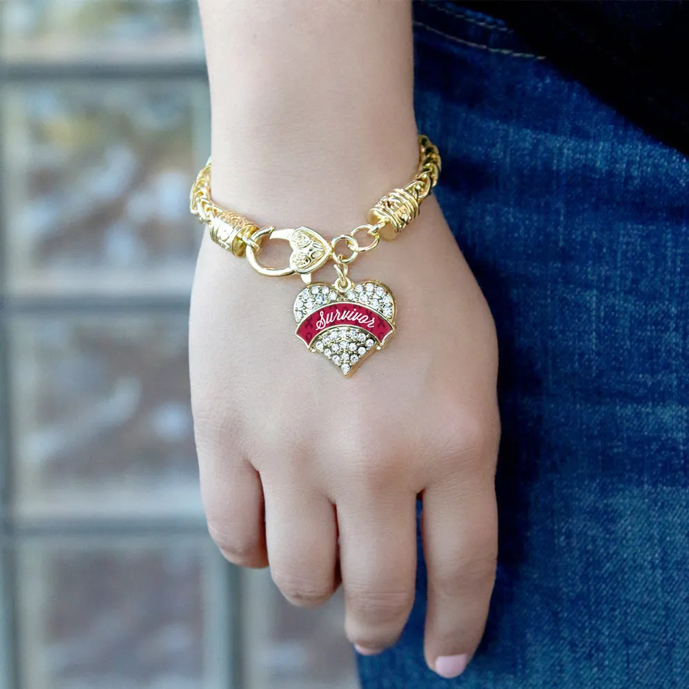 Gold Burgundy Survivor Pave Heart Charm Braided Bracelet