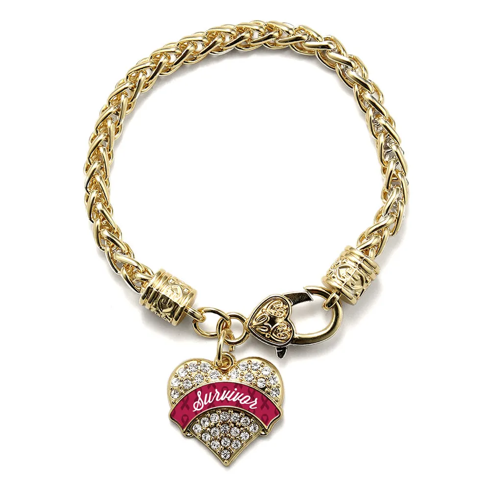 Gold Burgundy Survivor Pave Heart Charm Braided Bracelet