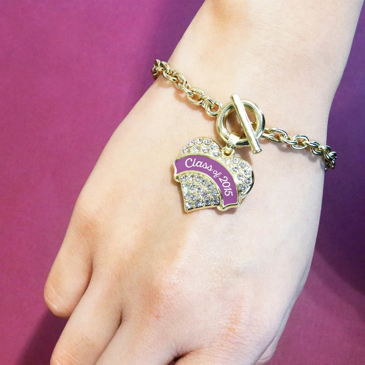 Gold Class of 2015 - Purple Pave Heart Charm Toggle Bracelet