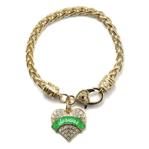 Gold Green Survivor Pave Heart Charm Braided Bracelet