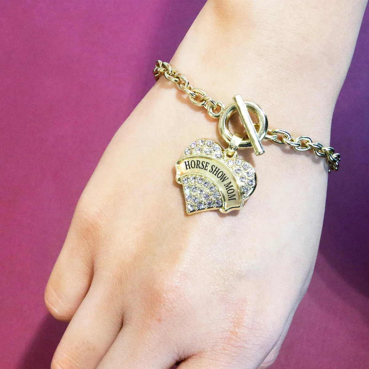 Gold Horse Show Mom Pave Heart Charm Toggle Bracelet