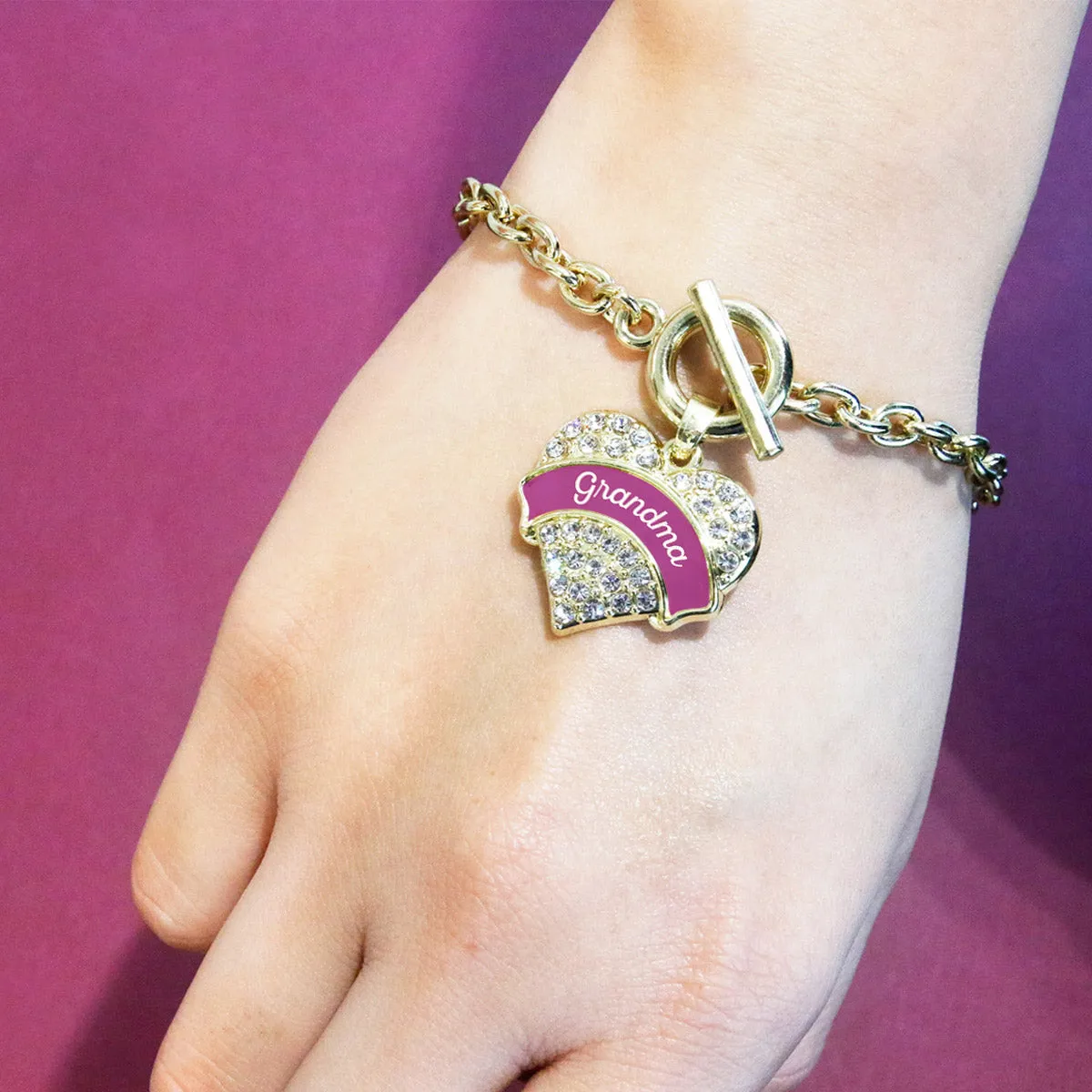 Gold Magenta Grandma Pave Heart Charm Toggle Bracelet