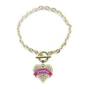 Gold Magenta Grandma Pave Heart Charm Toggle Bracelet