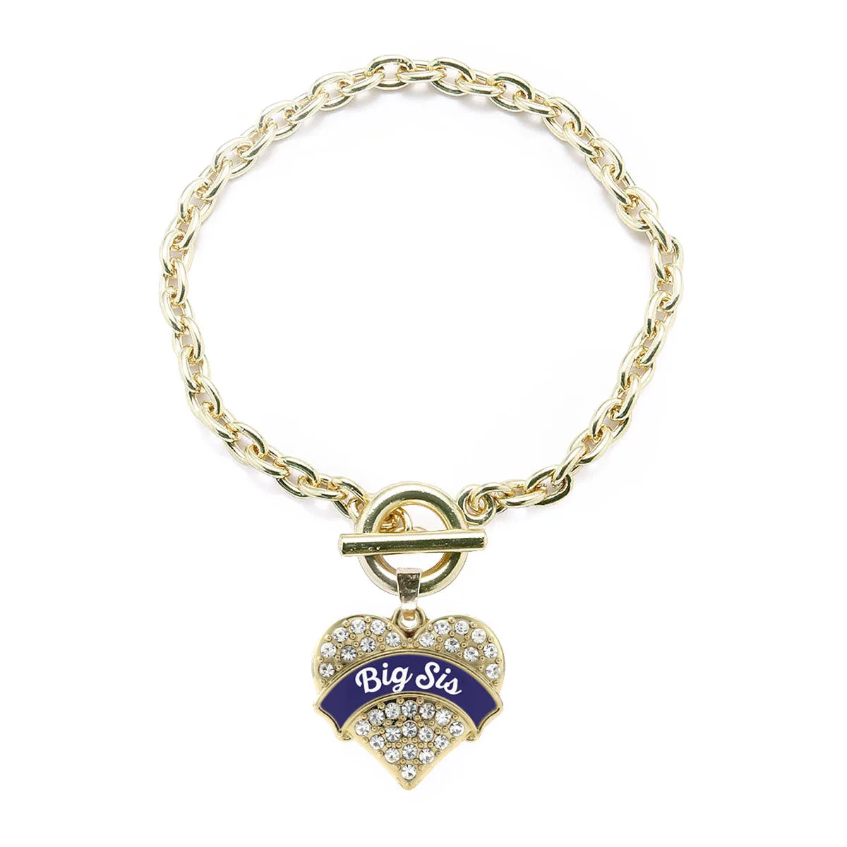 Gold Navy Blue Big Sister Pave Heart Charm Toggle Bracelet