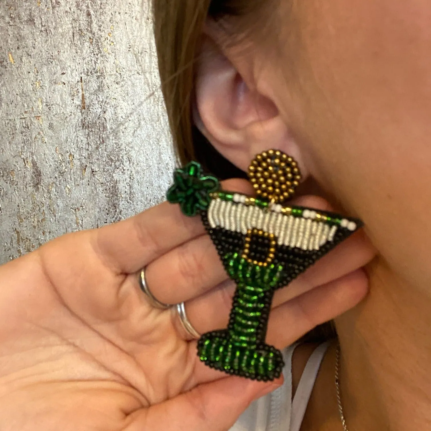 Green Cocktail Glass Beaded Earring