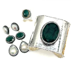 Green Emerald Gemstone Silver Adjustable Statement Cuff Bracelet Set