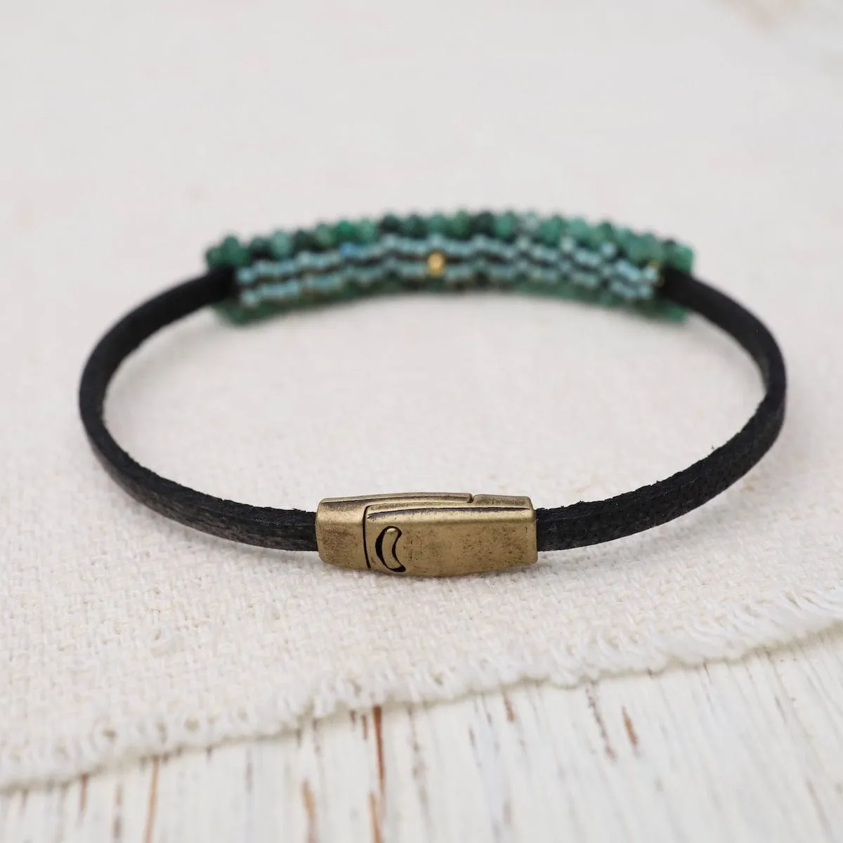 Hand Stitched Shaded Emerald Leather Bracelet