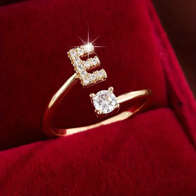 Hot-selling 26 English letters micro-paved zircon fashion women's rings copper-plated 14K open ring