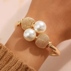 Large Faux Pearls Open Bangle Bracelet