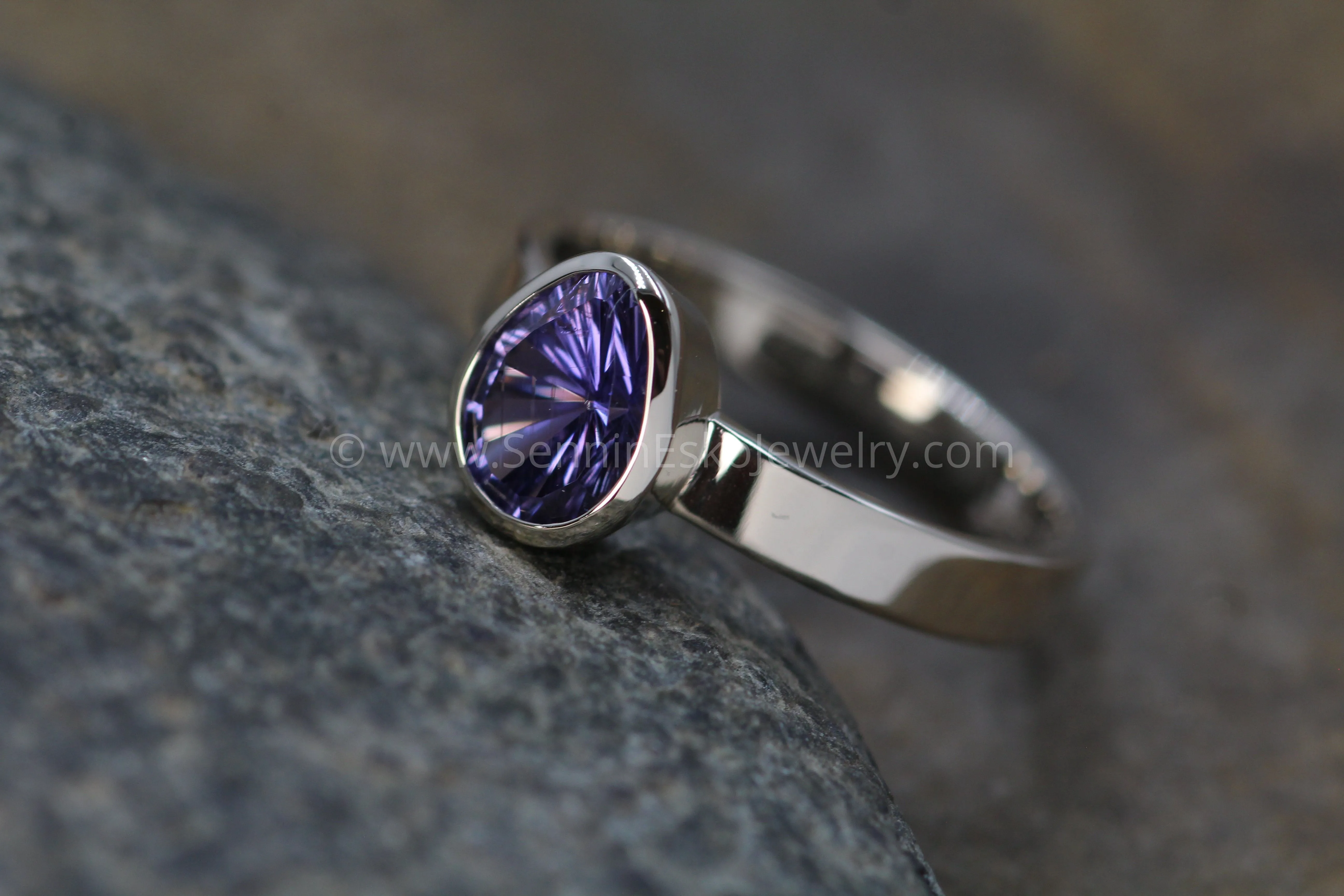 Medium Weight White Gold Bezel Ring Setting - Fantasy Cut Purple Sapphire Depicted (Setting Only, Center Stone Sold Separately)