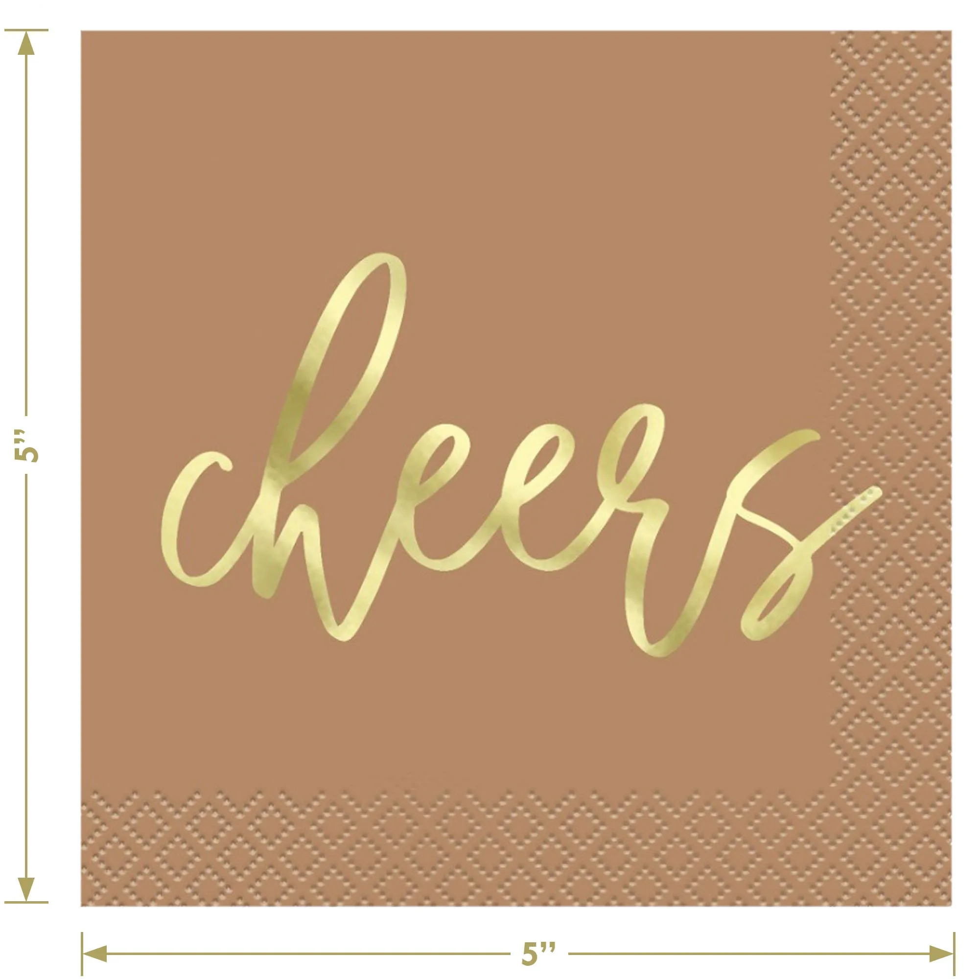 Metallic Gold Cheers on Neutral Colored Cocktail Beverage Napkins in Dusty Pink, Peony Pink, and Taupe (16 of each Color)