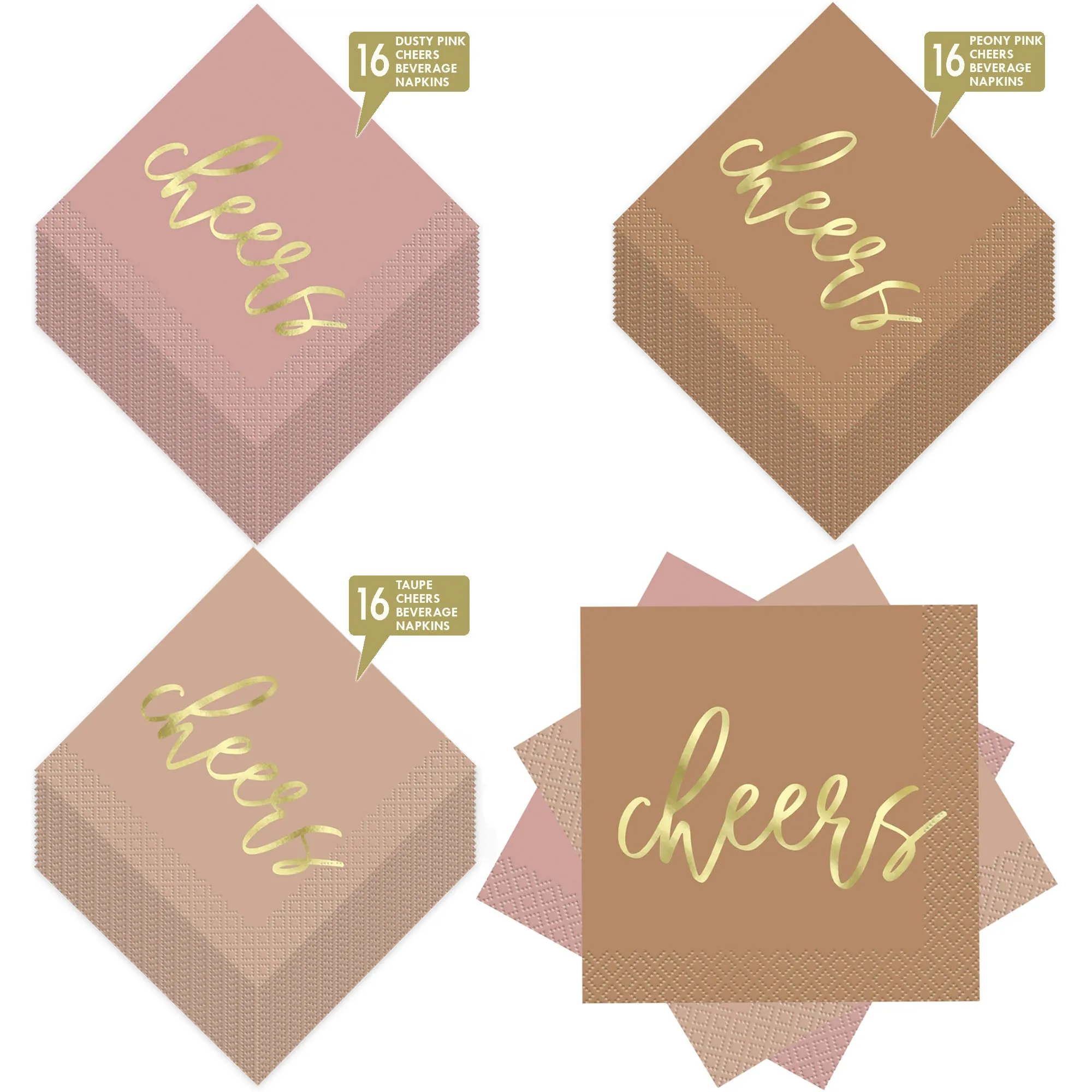 Metallic Gold Cheers on Neutral Colored Cocktail Beverage Napkins in Dusty Pink, Peony Pink, and Taupe (16 of each Color)