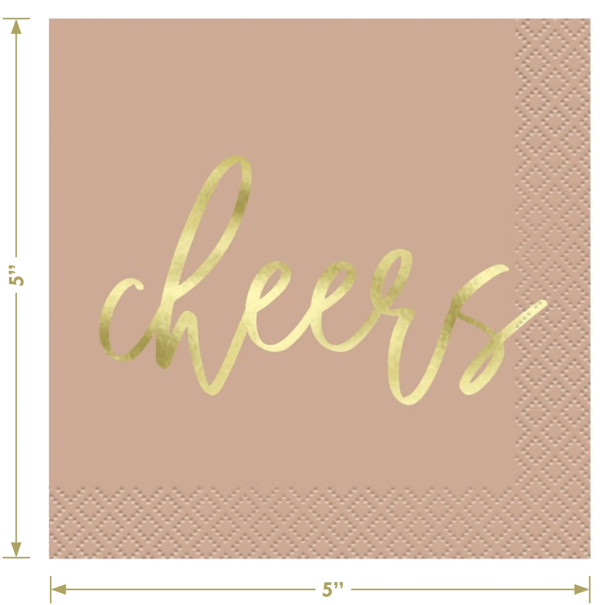 Metallic Gold Cheers on Neutral Colored Cocktail Beverage Napkins in Dusty Pink, Peony Pink, and Taupe (16 of each Color)