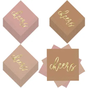 Metallic Gold Cheers on Neutral Colored Cocktail Beverage Napkins in Dusty Pink, Peony Pink, and Taupe (16 of each Color)