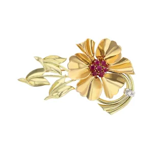 Mid-Century Ruby and Diamond Flower Pin