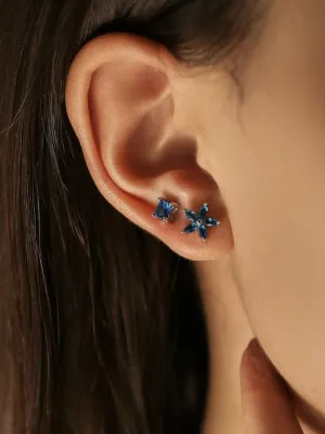 Missmatch Flower Earrings Studs, 925 Sterling Silver Blue Zircon Luxury Stud Earrings