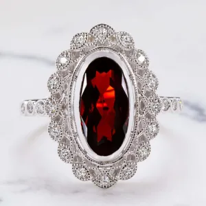 MOVAL RED GARNET DIAMOND RING VINTAGE STYLE MARQUISE HALO FILIGREE WHITE GOLD