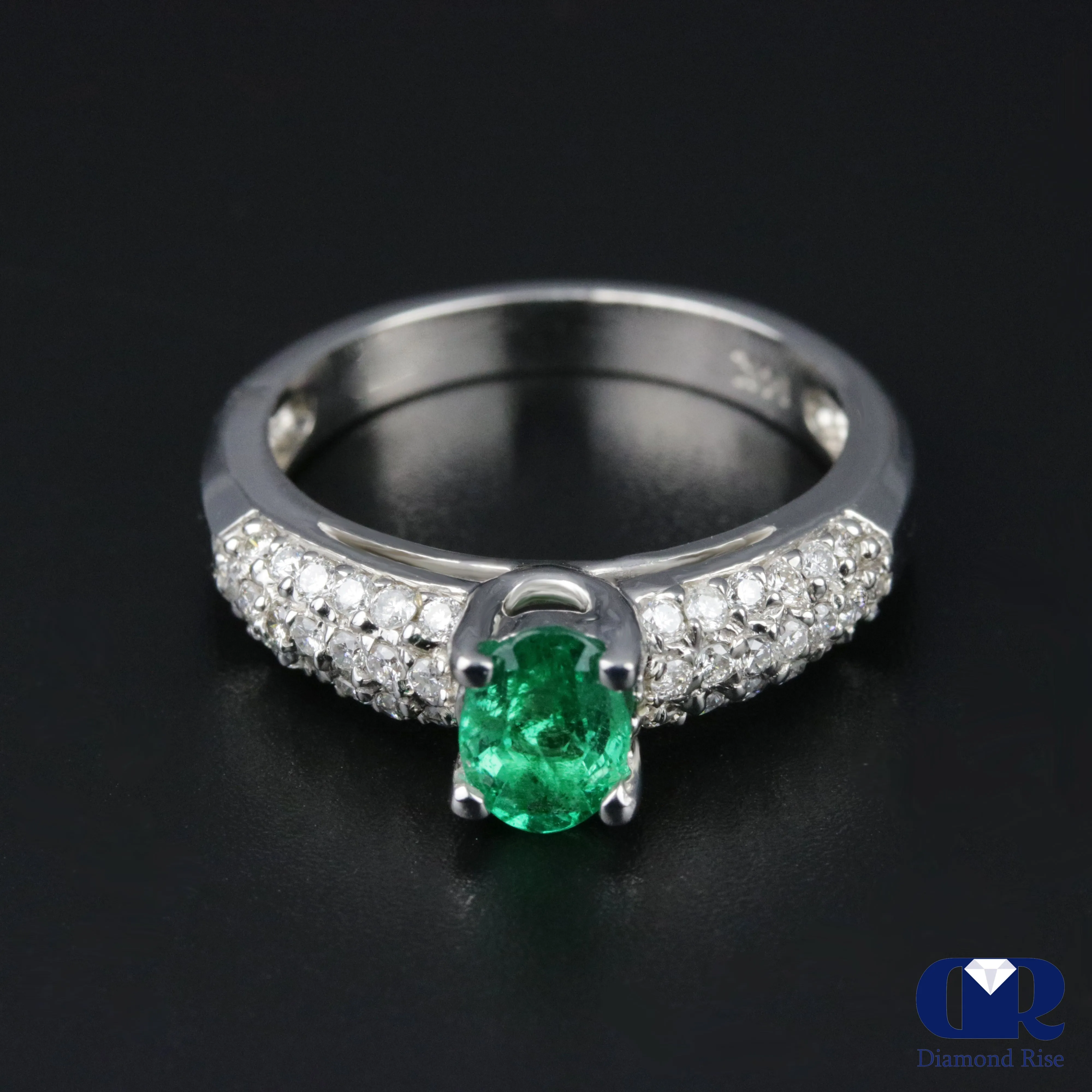 Natural 1.10 Ct Emerald & Diamond Engagement Ring 14K White Gold