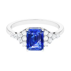 Octagon Cut Created Blue Sapphire Engagement Ring with Diamond Side Stones