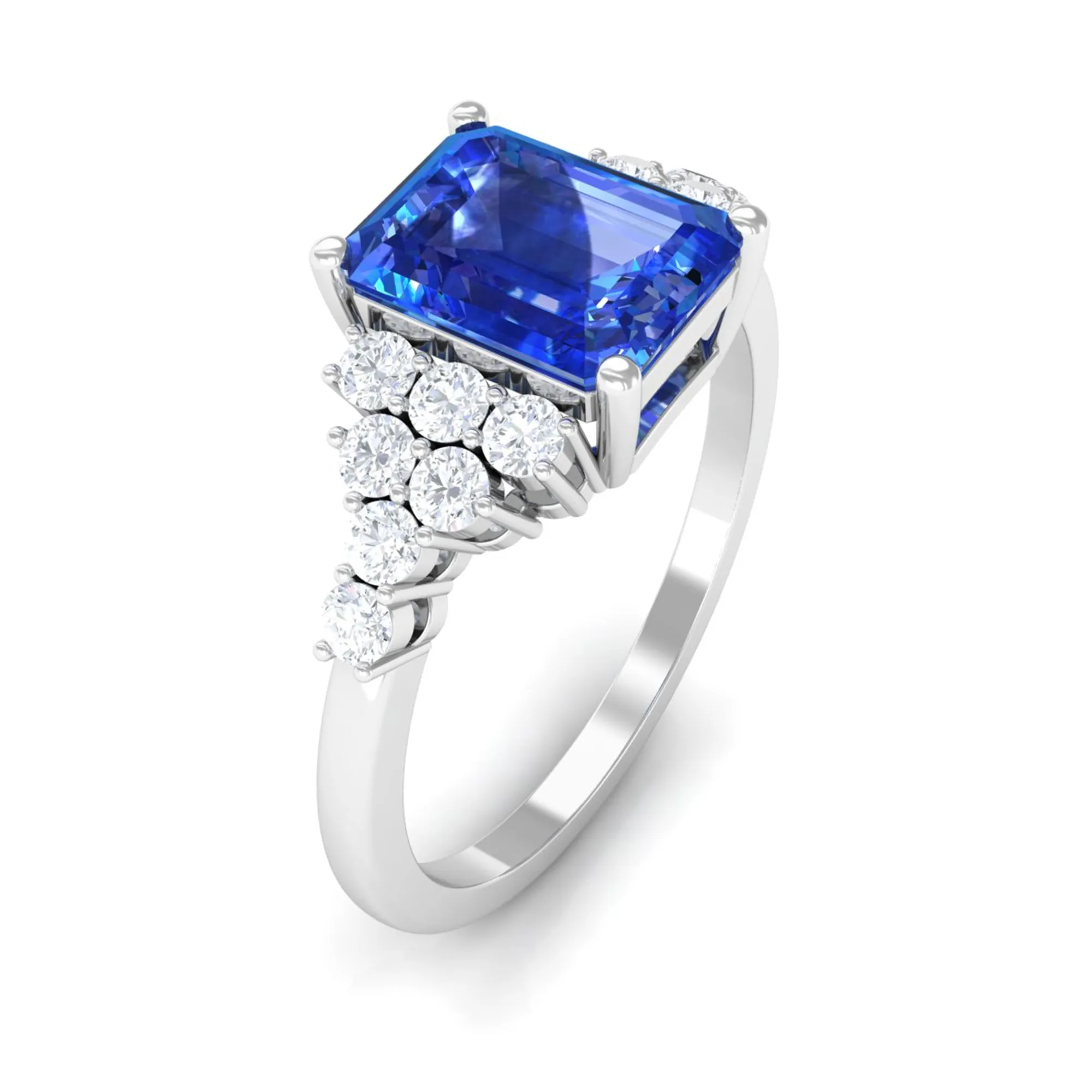 Octagon Cut Created Blue Sapphire Engagement Ring with Diamond Side Stones