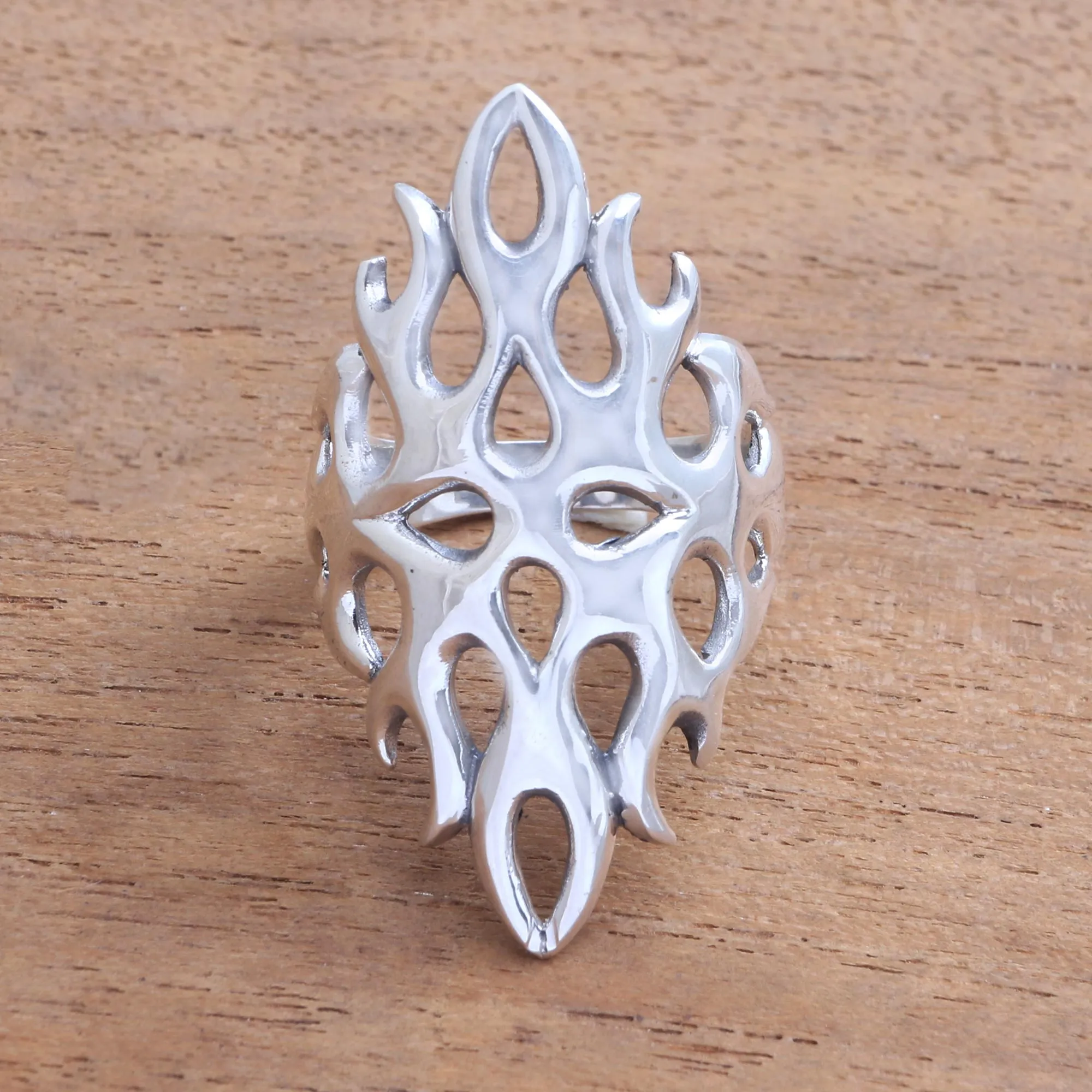 Openwork Sterling Silver Cocktail Ring from Bali - Gleaming Flame | NOVICA