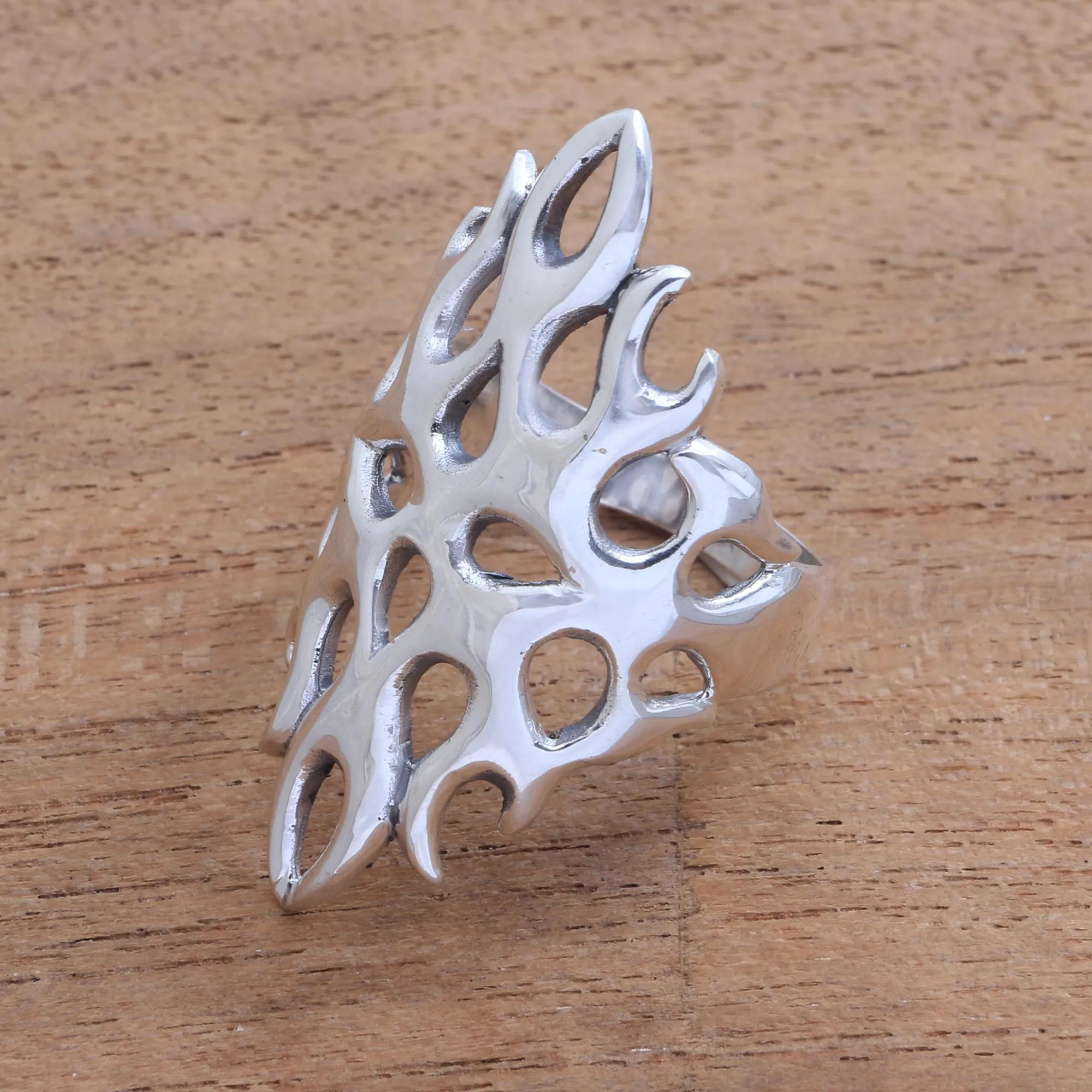 Openwork Sterling Silver Cocktail Ring from Bali - Gleaming Flame | NOVICA