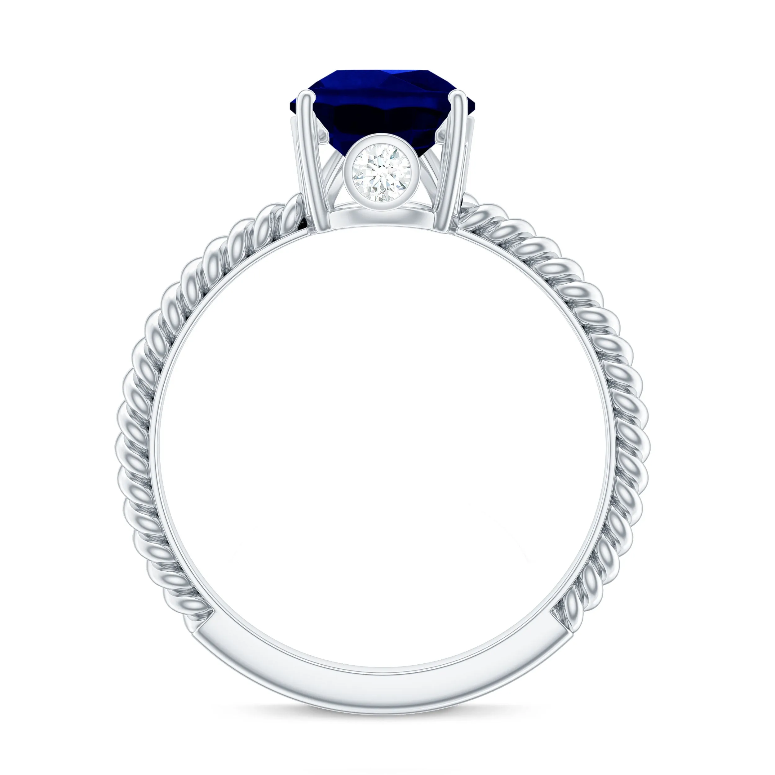 Pear Cut Created Blue Sapphire Solitaire Ring with Hidden Moissanite