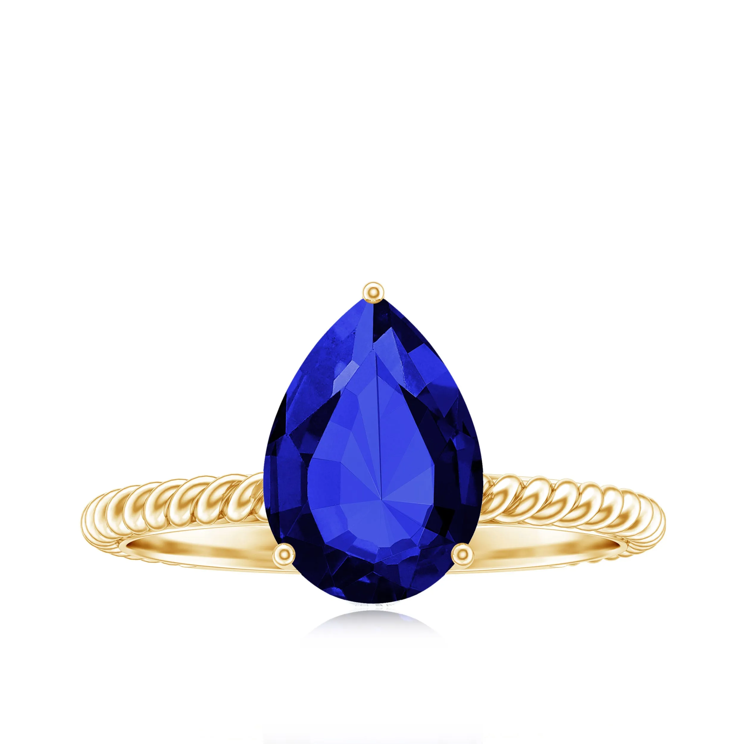 Pear Cut Created Blue Sapphire Solitaire Ring with Hidden Moissanite