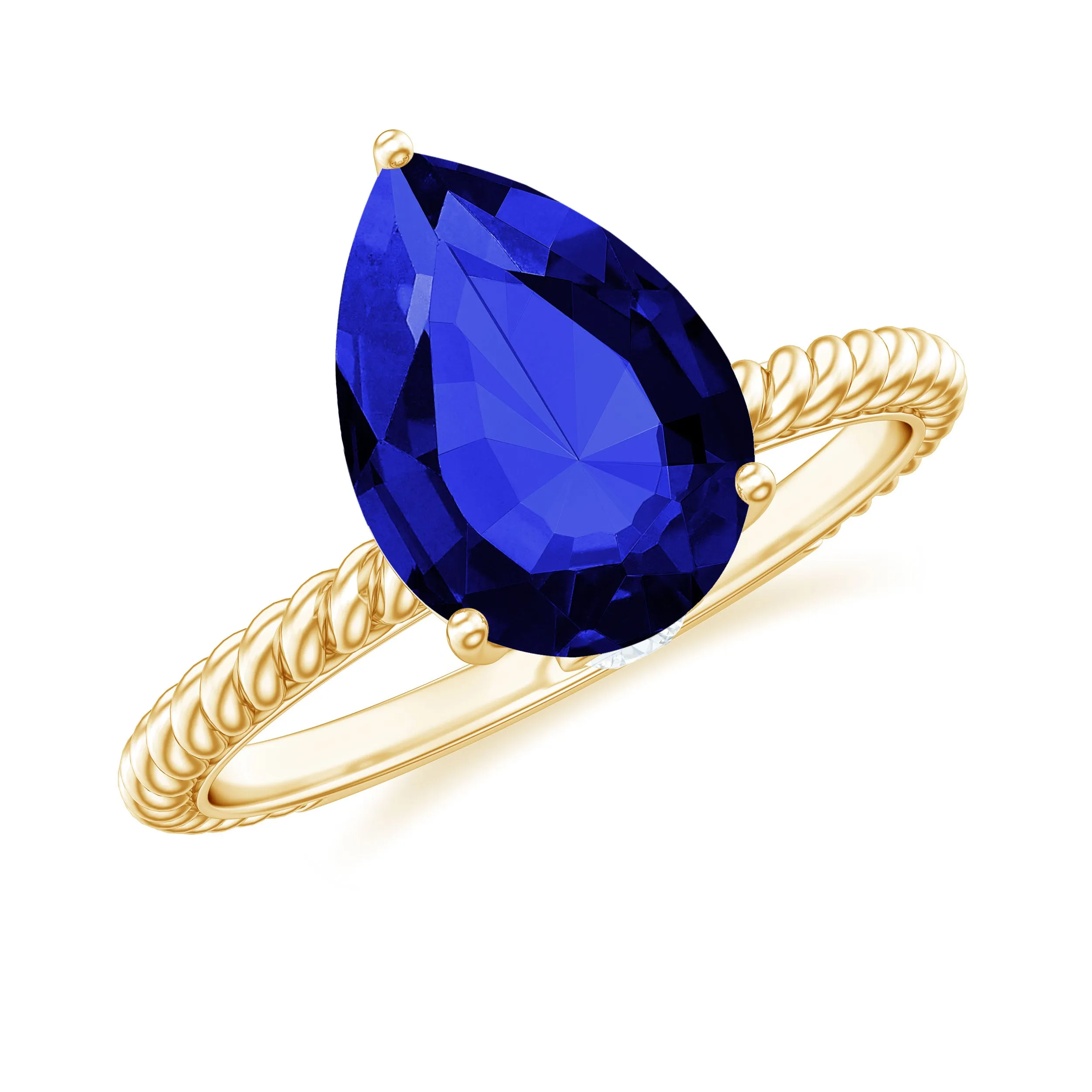 Pear Cut Created Blue Sapphire Solitaire Ring with Hidden Moissanite