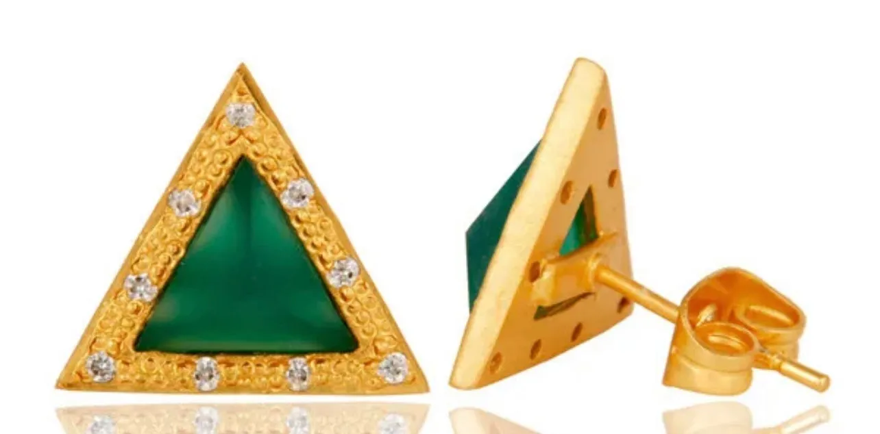 Petite Green Onyx & Zirconia Gemstones Triangle Gold Studs