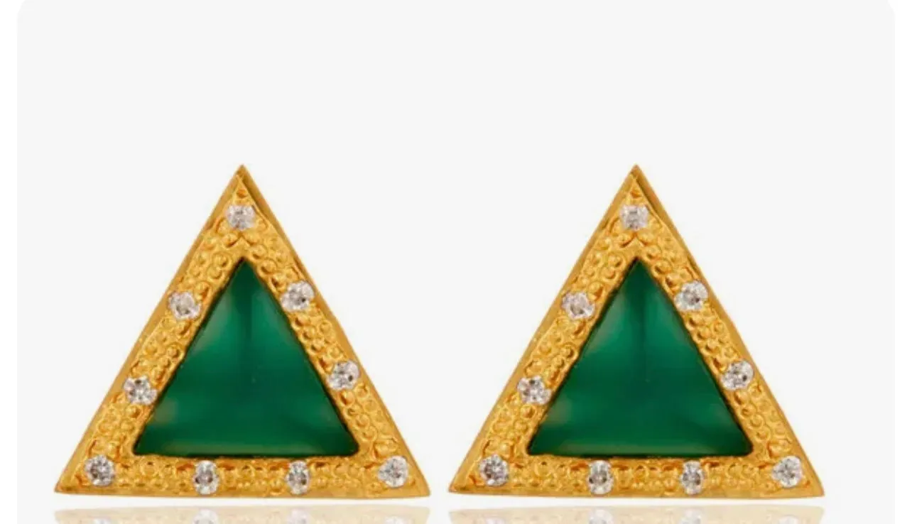 Petite Green Onyx & Zirconia Gemstones Triangle Gold Studs