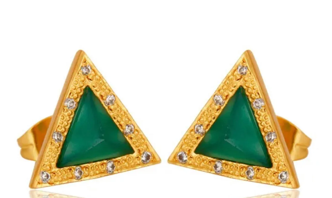 Petite Green Onyx & Zirconia Gemstones Triangle Gold Studs