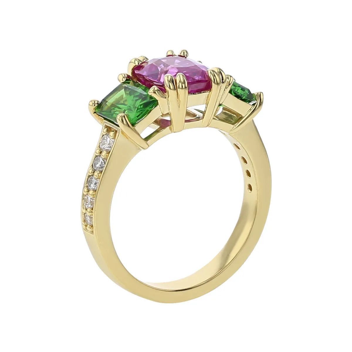 Pink Sapphire, Tsavorite and Diamond 3-Stone Ring