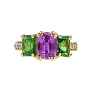 Pink Sapphire, Tsavorite and Diamond 3-Stone Ring