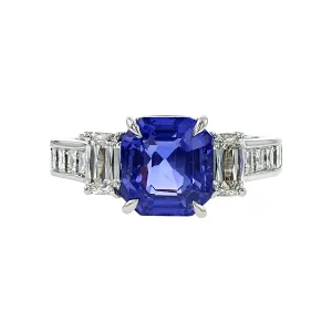 Platinum Emerald-Cut Sapphire and Ashoka Diamond Ring