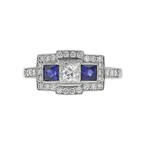 Platinum Square Diamond and Sapphire Halo Ring