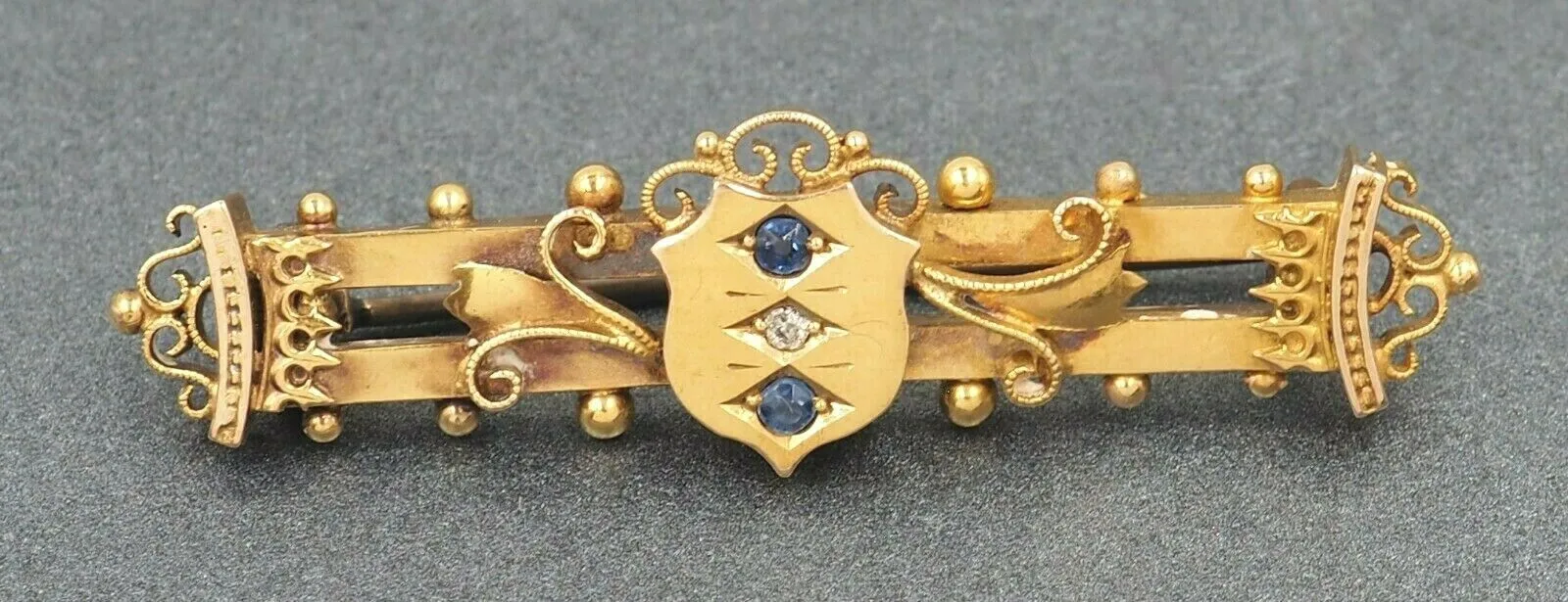 Sapphire & Diamond 15ct Yellow Gold Bar Brooch