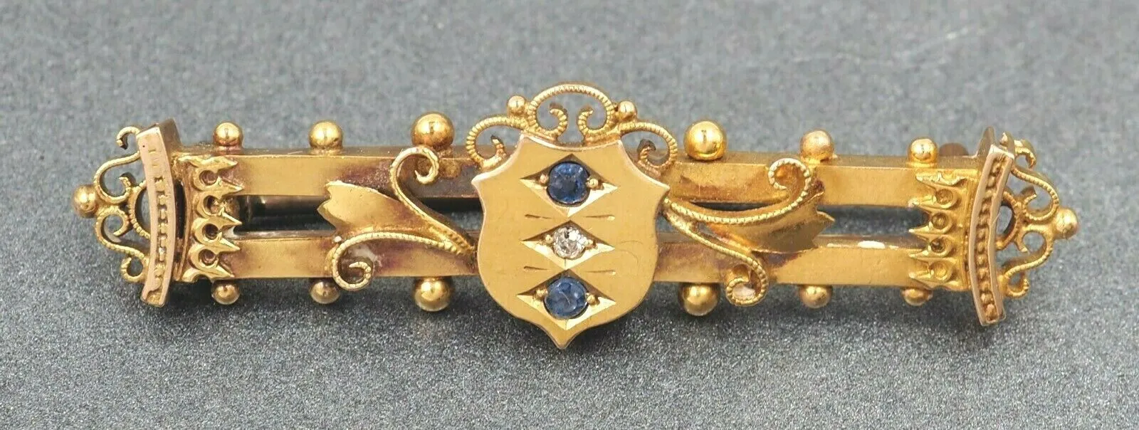 Sapphire & Diamond 15ct Yellow Gold Bar Brooch