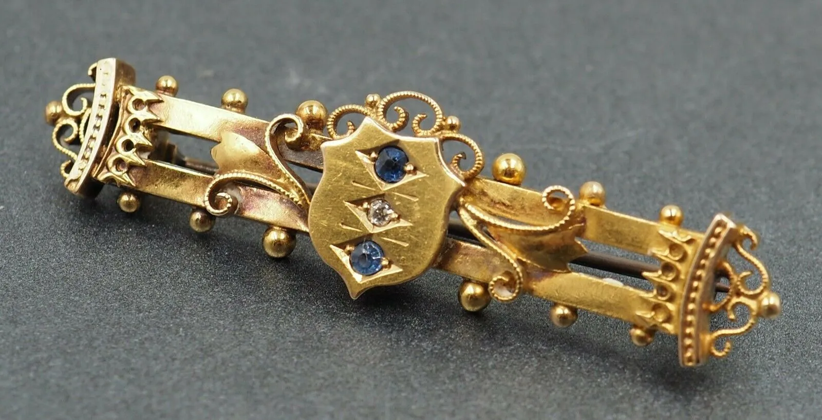 Sapphire & Diamond 15ct Yellow Gold Bar Brooch