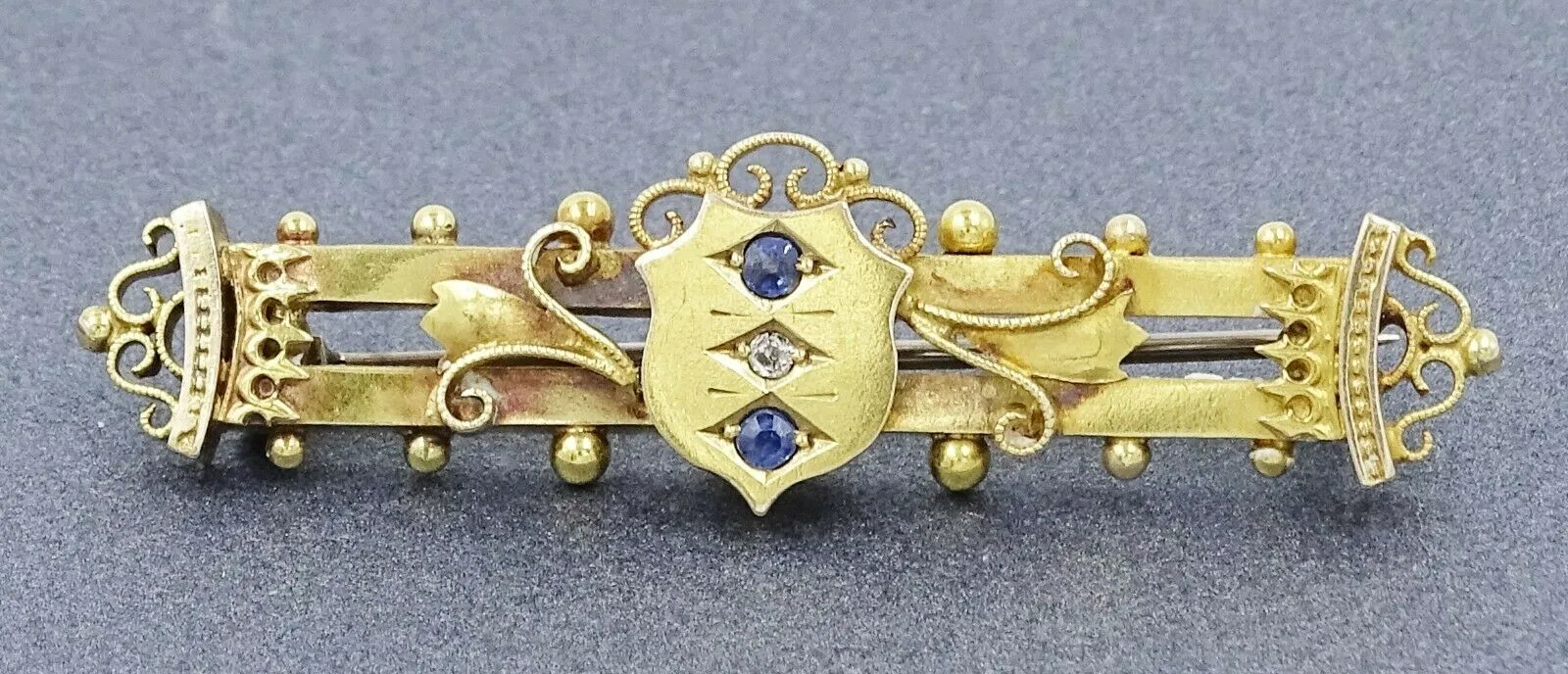 Sapphire & Diamond 15ct Yellow Gold Bar Brooch