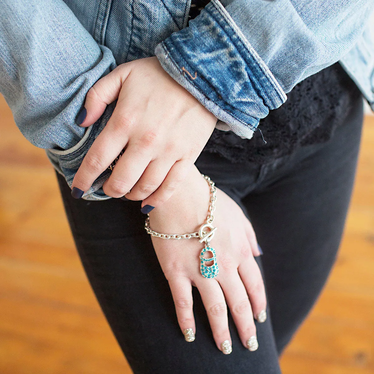 Silver Aqua Baby Shoe Charm Toggle Bracelet