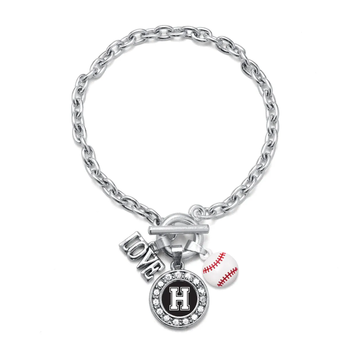 Silver Baseball - Sports Initial H Circle Charm Toggle Bracelet