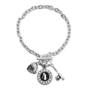 Silver Baseball/Softball - Sports Number 4 Circle Charm Toggle Bracelet