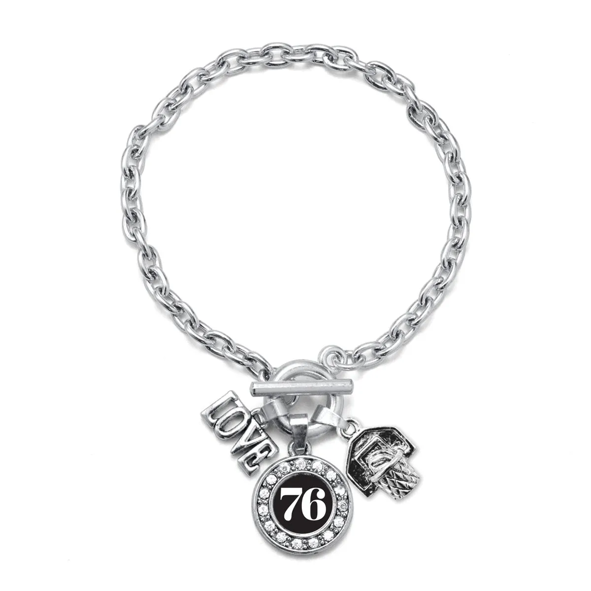 Silver Basketball Hoop - Sports Number 76 Circle Charm Toggle Bracelet