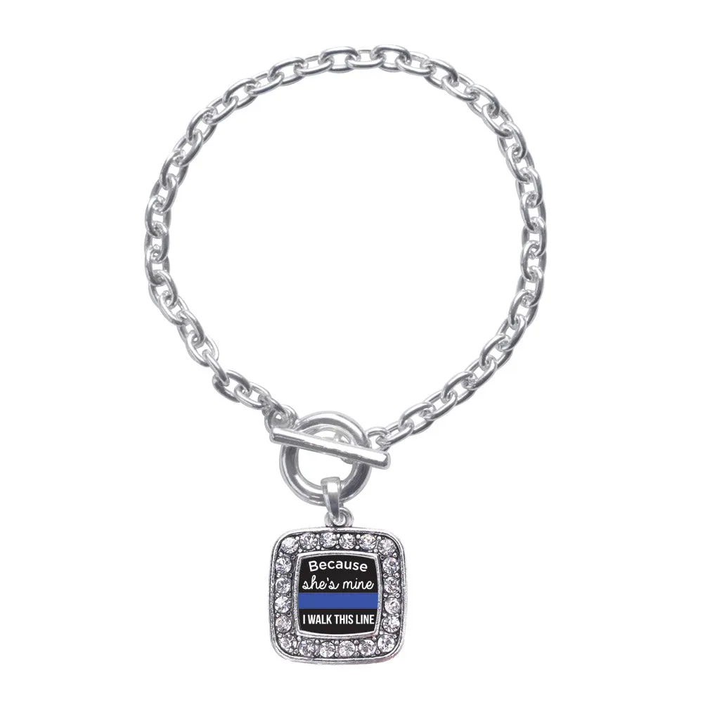 Silver Because She's Mine Blue Line Square Charm Toggle Bracelet