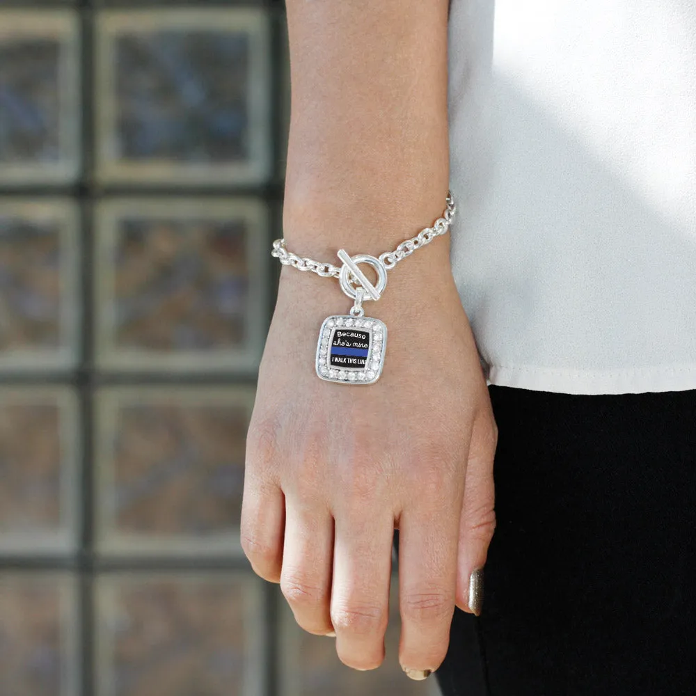 Silver Because She's Mine Blue Line Square Charm Toggle Bracelet