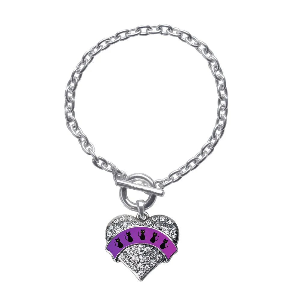 Silver Black Cats Pave Heart Charm Toggle Bracelet