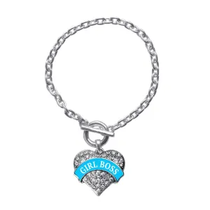 Silver Blue Girl Boss Pave Heart Charm Toggle Bracelet