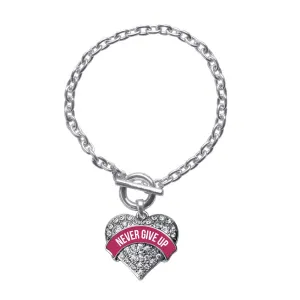 Silver Burgundy Banner Never Give Up Pave Heart Charm Toggle Bracelet