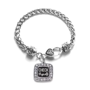 Silver Check Thyself Square Charm Braided Bracelet